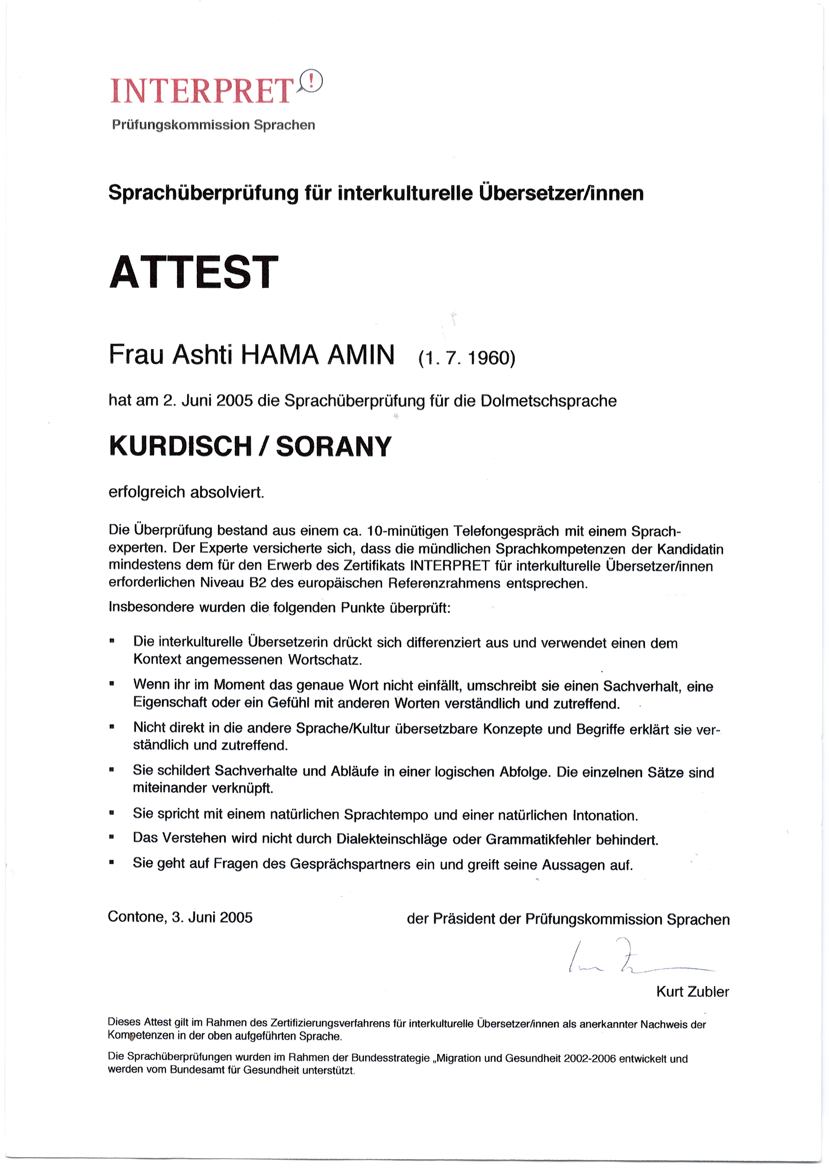 INTERPRET Attest Kurdisch